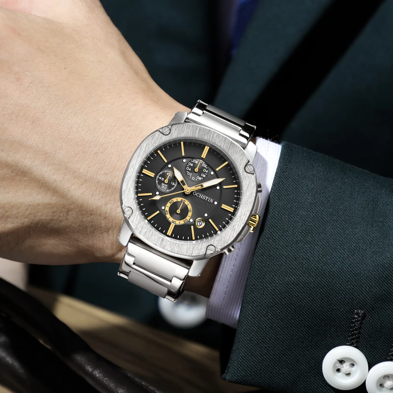 OCHSTIN Men Watch Chronograph Date Analog Quartz Luminous Fashion Sports Male Business Dress Wristwatch Stainless Steel Bracelet