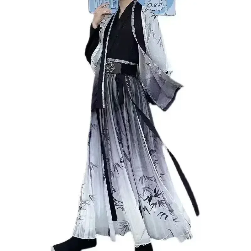 Plus Size 3XL Hanfu Men Halloween Cosplsy Costume Chinese Traditional Ancient Hanfu Print Bamboo Gray&Black 4Pcs Sets Plus Size