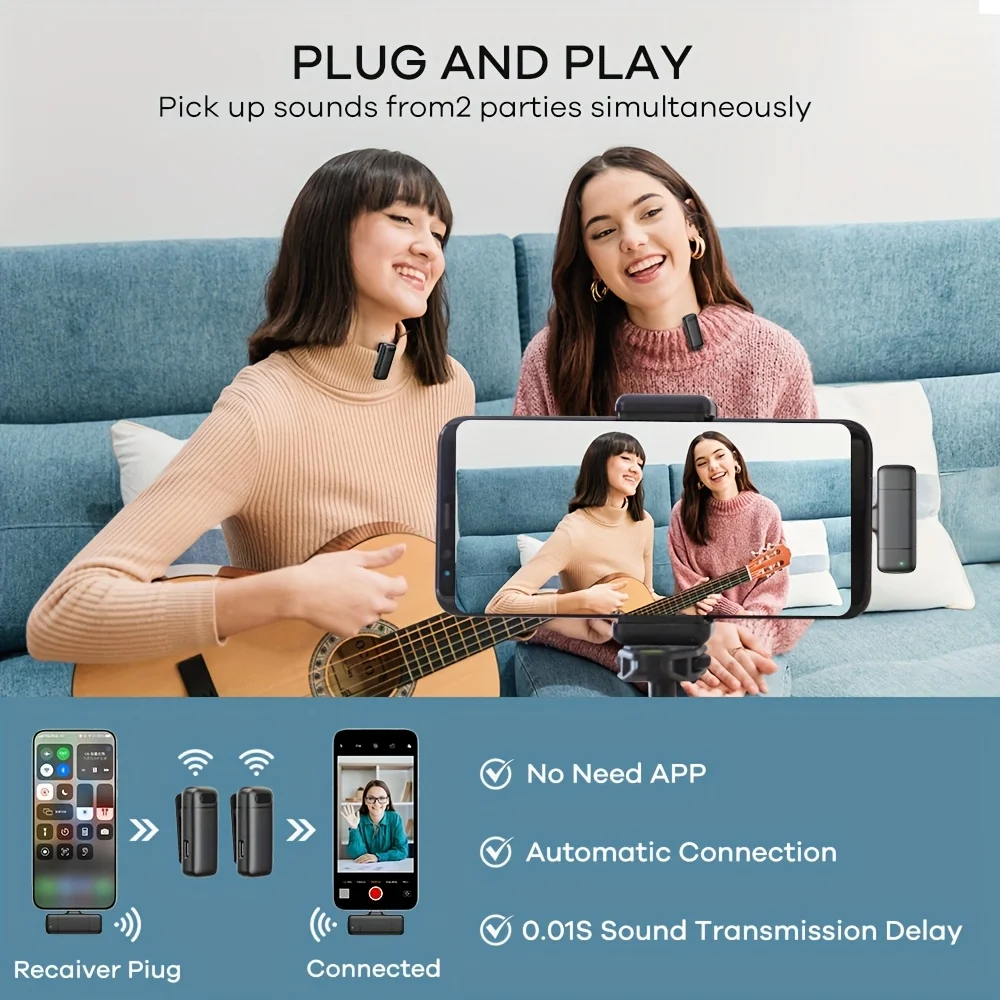 ميكروفون Lavalier اللاسلكي مع علبة شحن وميكروفون صغير لهاتف Android IOS مع وظيفة إلغاء الضوضاء لتسجيل الفيديو