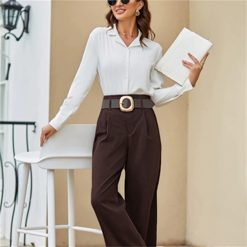 2025 Autumn Fashion Retro Brown High-Waist Slimming Wide-Leg Pants with Gold Circle Belt
