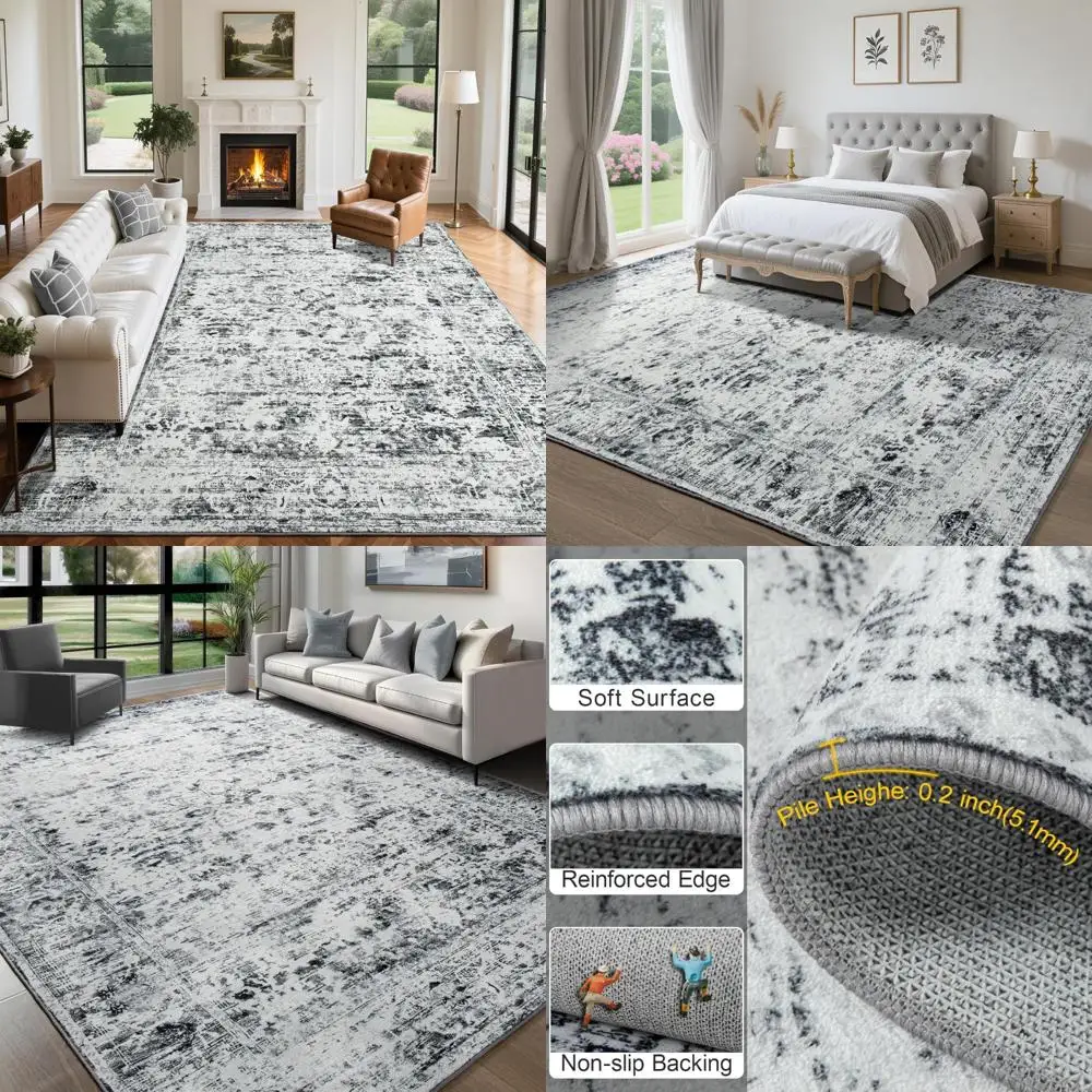 

Large Grey White Boho Rug, 9x12 for Living Room, Washable Low Pile, Non-Slip Area Carpet
