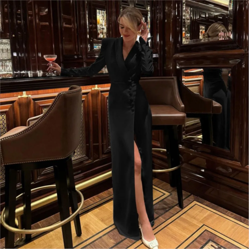 

Элегантное весенне-осеннее праздничное платье, сексуальное женское платье с v-образным вырезом, новое платье с длинным рукавом и высокой талией, разрезом на пуговицах, вечерние платья Ropa Mujer