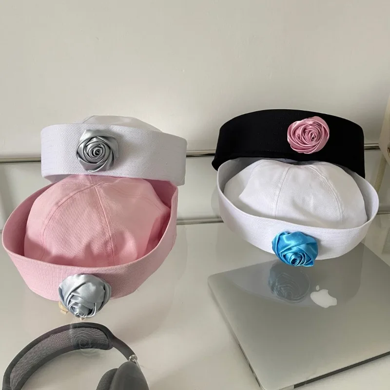 Japanese Rose Cute Sailor Hat Spring and Summer Flipped Brim Women Ins Retro Versatile Short Brim Dome Beret Cap