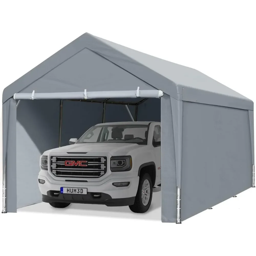 10x20 ft Heavy Duty Steel Carport, Adjustable Height from 9.5 to 11 ft, Car Canopy Garage Party Tent Storage Shed Gray