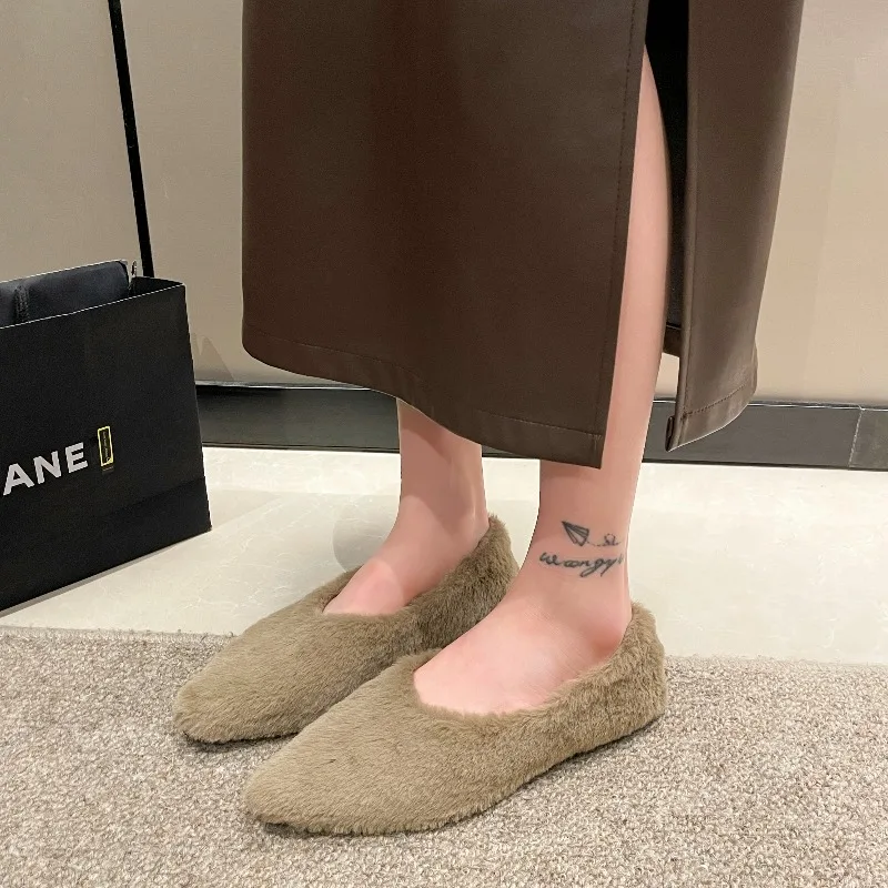 موضة أشار تو الفراء الباليه شقة امرأة شتاء دافئ أفخم الضحلة متعطل السيدات موجزة فروي الكعب فستان أحذية Zapatos Mujer #6