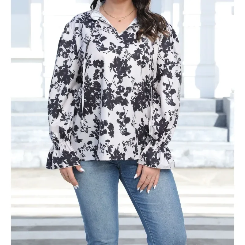 

Plus Size 1XL-5XL New Women's Fashion Spring and Autumn Printed Pattern V-neck Tied Shirt Elastic Cuff Long Sleeved Shirt