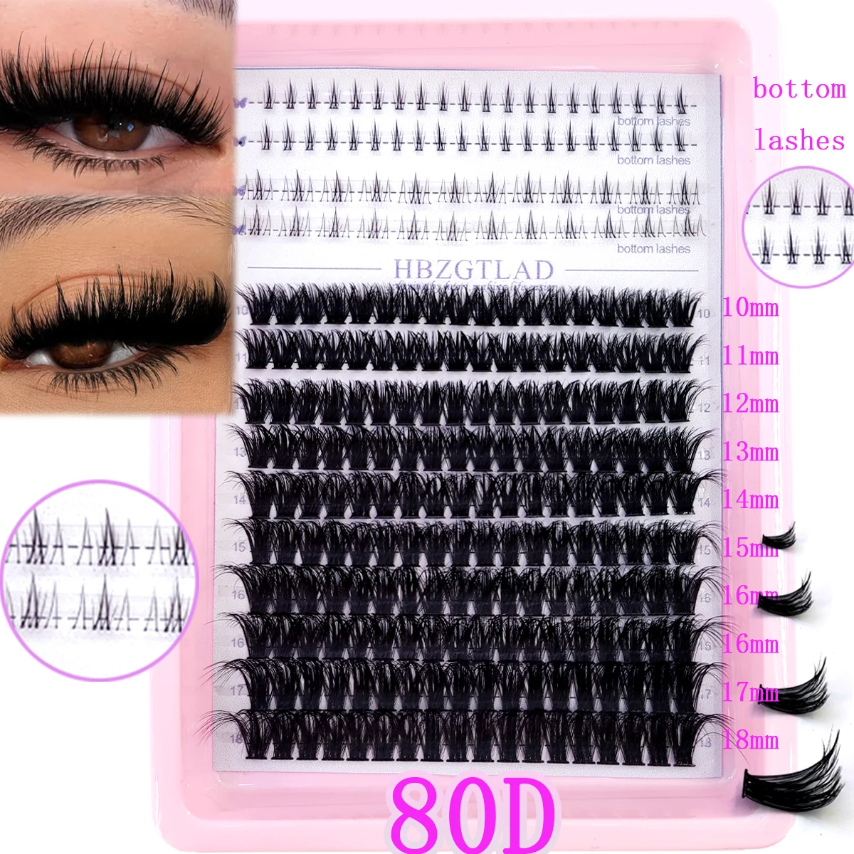 HBZGTLAD new 14 row 3D fluffy clustered eyelashes 80D/100D/140D/160D thick eyelashes D curled 10-18mm with bottom eyelashes