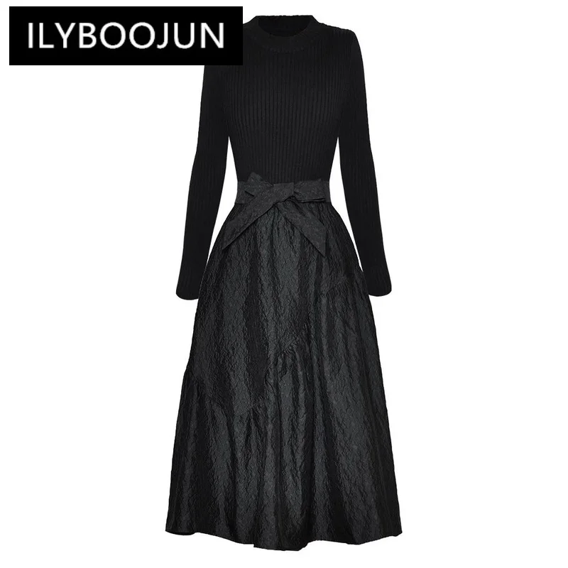 

ILYBOOJUN Fashion Designer Autumn Jacquard Dress Women O-Neck Long Sleeve Lace-up Knitting Patchwork Office Lady Dresses