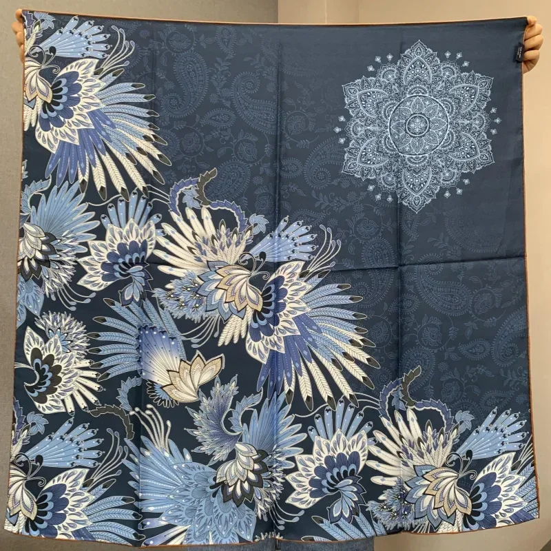 High-end Elegant Women Exquisite Peacock Feather Double-sided Print Quality Twill Silk Hand-rolled Edge Large Square Scarf Shawl