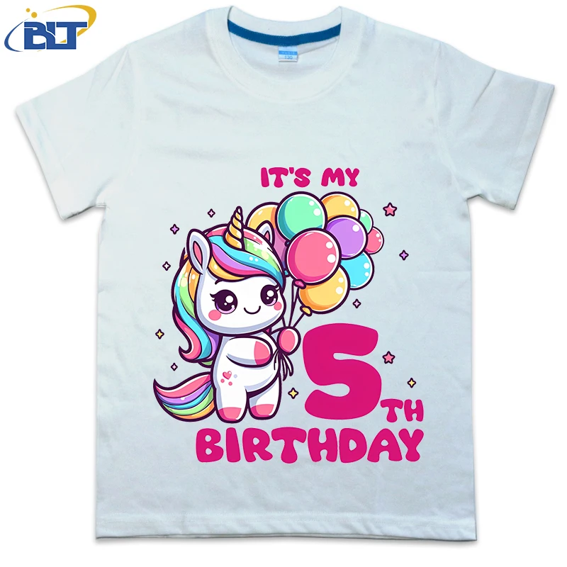 

cute and sweet unicorn 5th birthday girl printed kids T-shirt summer cotton short sleeve casual tops for boys and girls