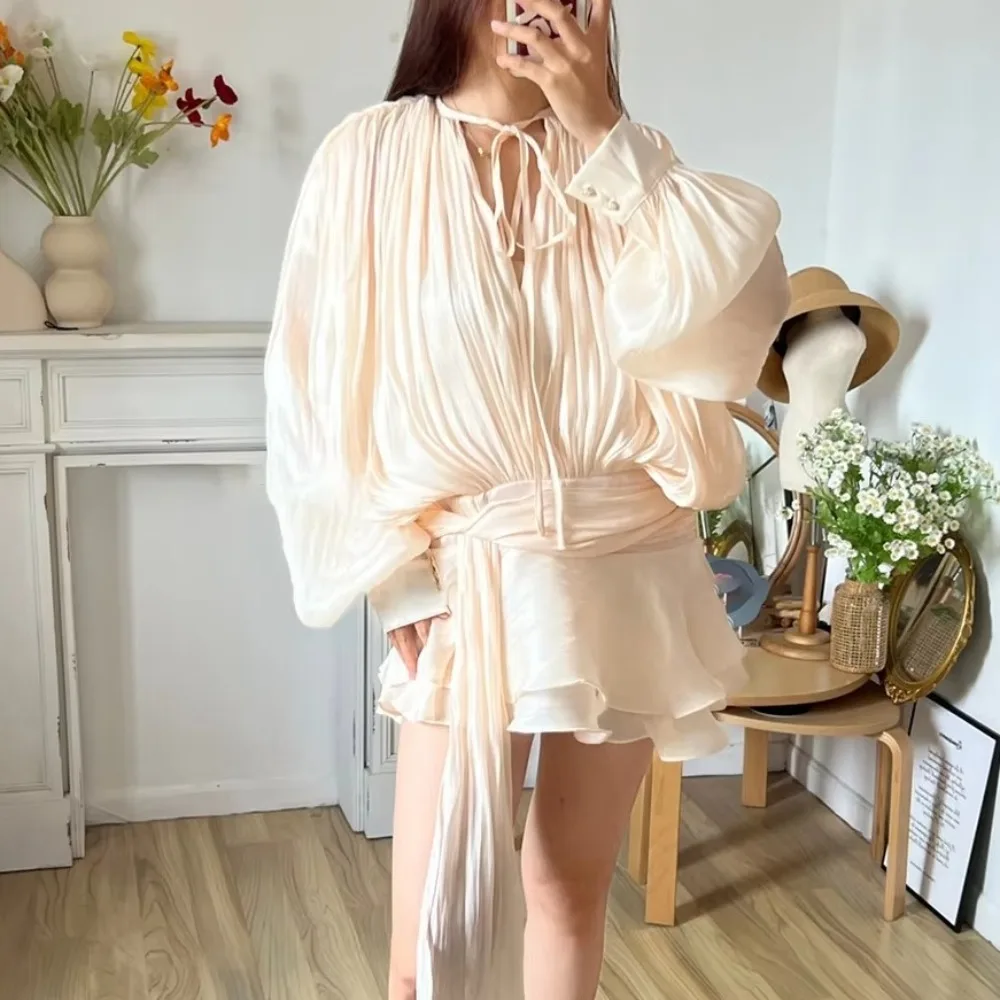 

Sweet Style Solid Mini Dress Ruffles Folds Long Sleeve Female Clothing Lace Up V Neck Blouse Dresses Birthday