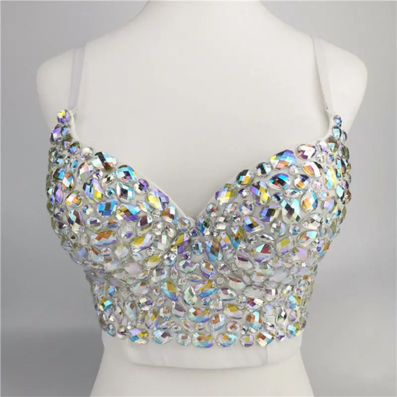 Women Rhinestone Corsets AB Colored Bustier Push Up Strap Crop Spaghetti Top Sexy Bralette Glitter Club Party Corset Bra Vest