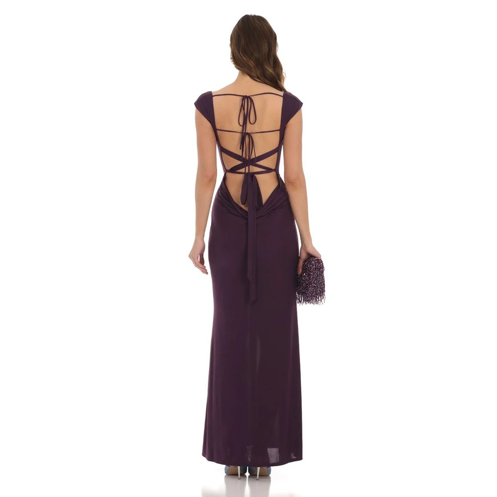 Robe de mariée violette simple, élégante, pour mère de la mariée, bretelles spaghetti, sexy, dos nu, droite, longueur de rinçage, pour femmes, Rh, quoi que ce soit