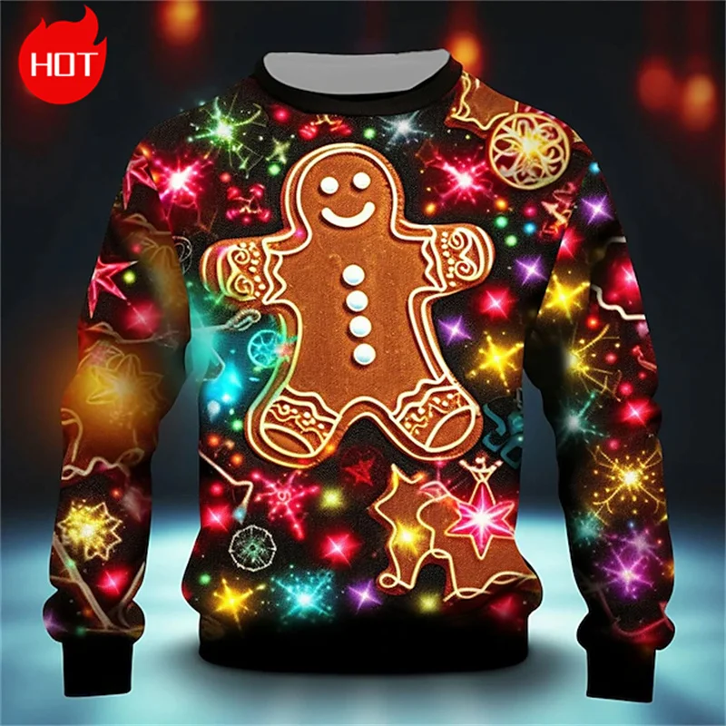 3D Printing Gingerbread Man Sweatshirts Vintage Happy Christmas Graphic Round Neck Hoodie Fashion Ugly Christmas Sweatshirt Tops