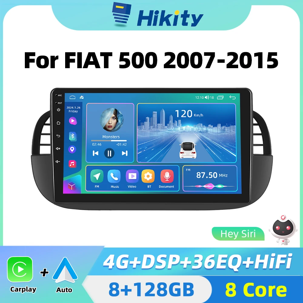 Hikity Android Car Screen Player For Fiat 500 2007-2015 AI Voice 2 din autoradio Carplay Android Auto Radio Navigation GPS WIFI