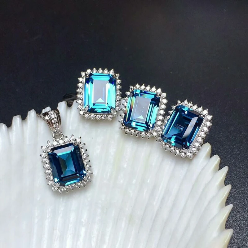 Natural London Blue Topaz Gemstone Rectangle Jewelry Set 925 Pure Silver 3 Pieces Suit Wedding Jewelry for Women