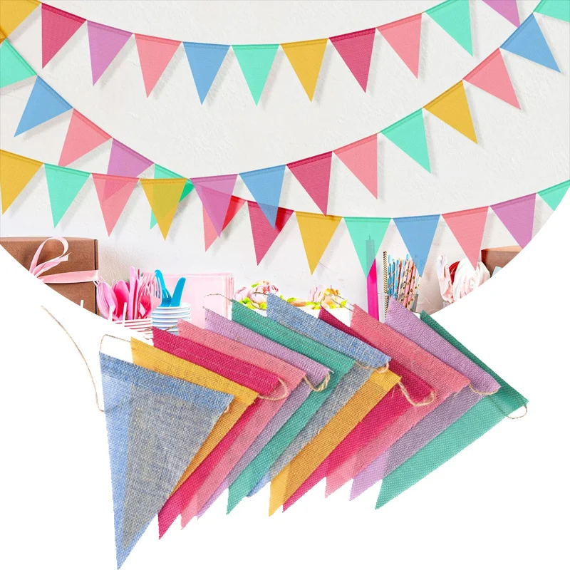 

Multicolor Triangles Flags Burlap Linen Banner Pennant for Happy Birthday Party Wedding Decoration Candy Bar Hanging Flags