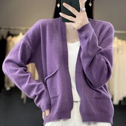 Cardigan tricoté en cachemire pour femme, manteau pull ample, col en V, mode printemps et automne, haute qualité