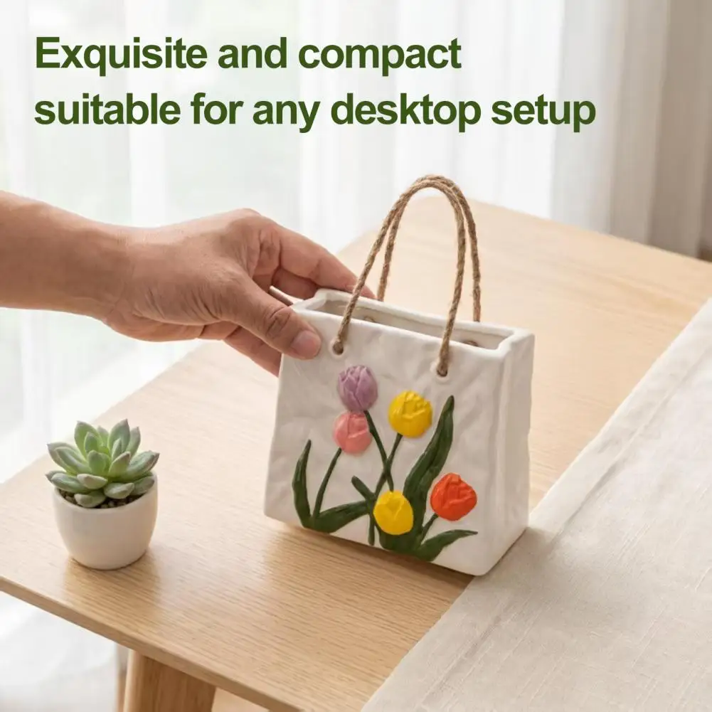 Ceramic Handbag Vase Tulip Pattern Flower Pot Handbag Shaped Ceramic Vase with Tulip Flower Embossed Design Tote Bag Storage Box
