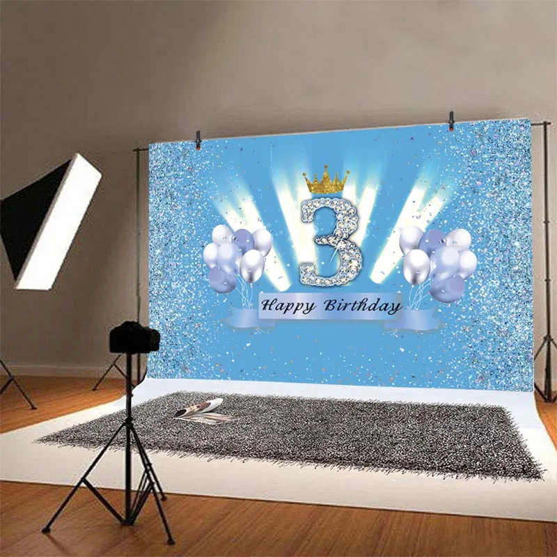 Blue 3rd Backdrop Glod Crown Newborn Baby Shower Prince Boys 3 Years Old Birthday Party Photo Background Photocall Prop Banner