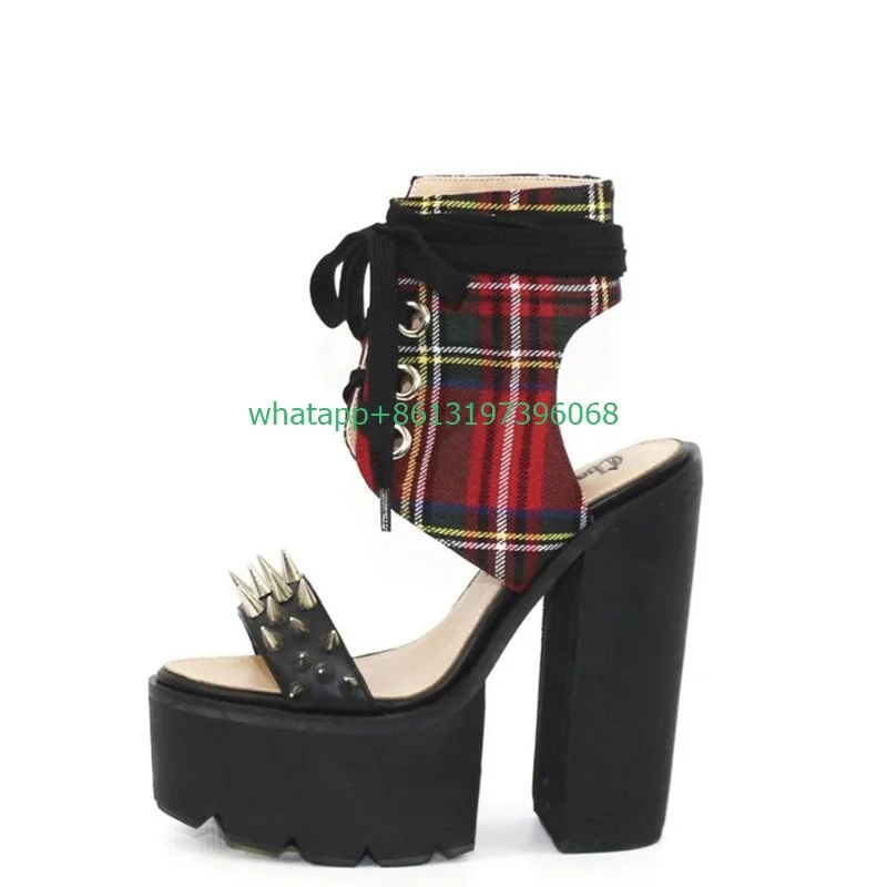 

Lady metal stud red plaid chunky heel platform pumps lace-up metal rivet design shoes sexy platform pumps footwear size 35-46