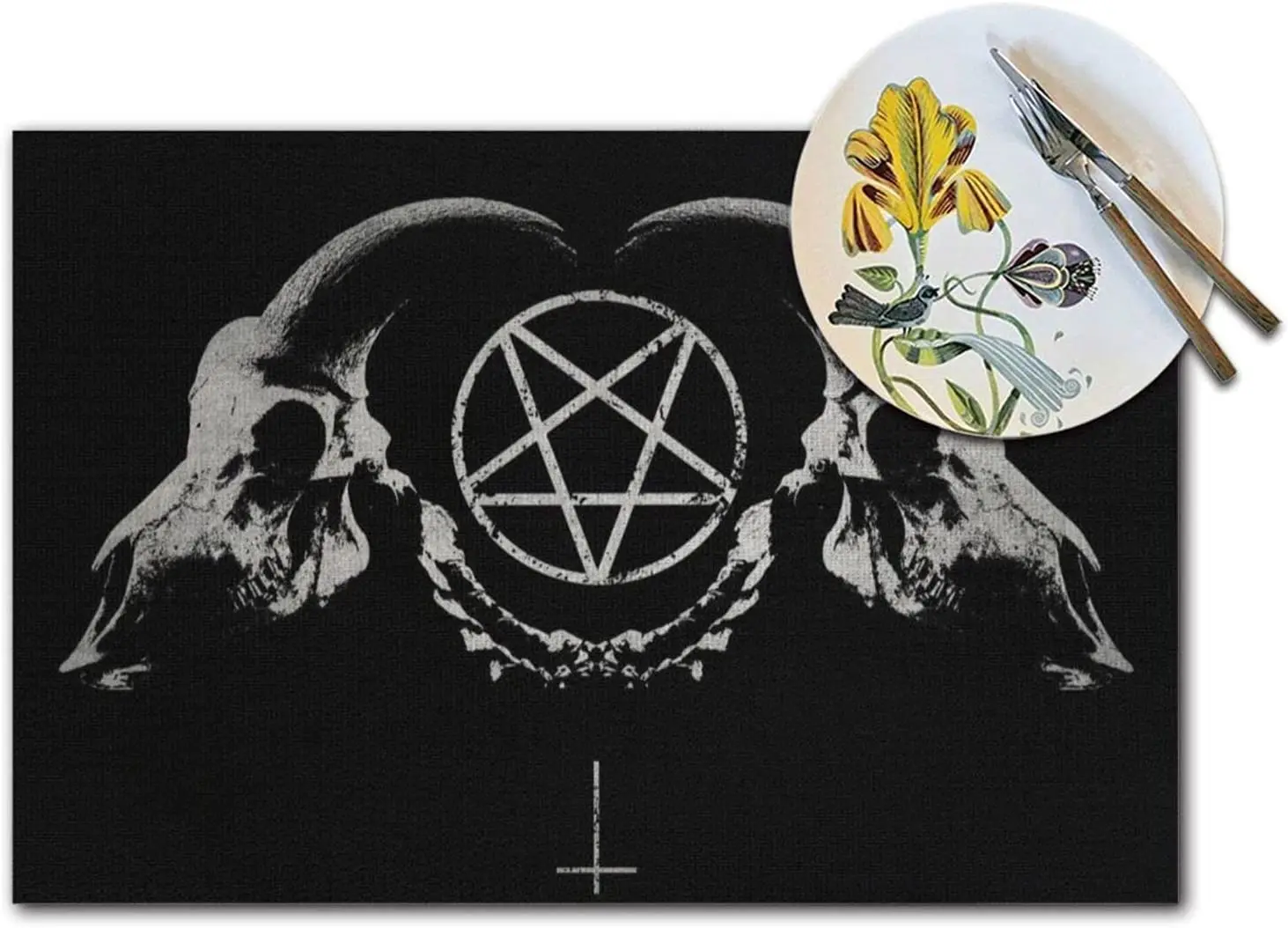 Gothic Occult Satan Penta Symbol Skull Placemats Set of 4 for Dining Table Plastic Wipeable Place Mats