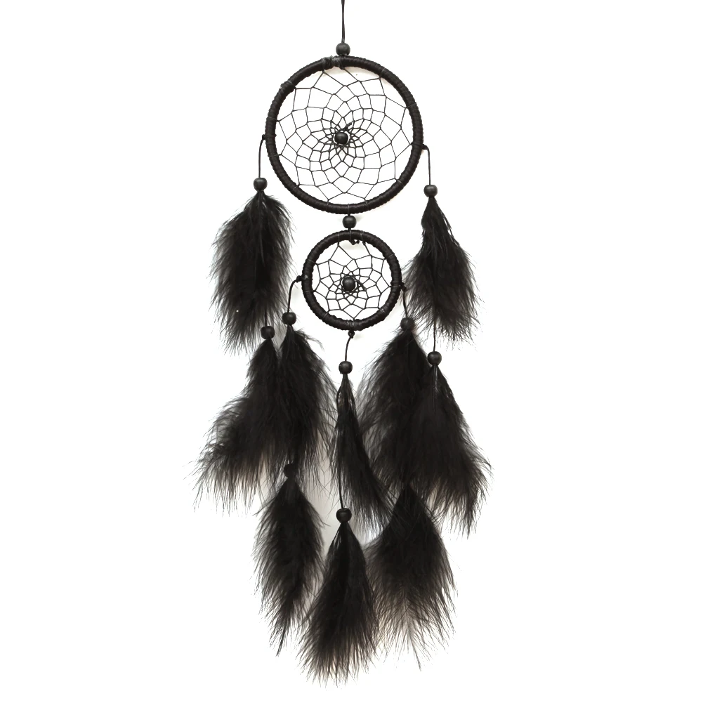 Traditional Craft Decoration Black Handmade Feather Dream Catcher Plush Car Pendant Wall Art Hanging Ornament for Girls Bedroom