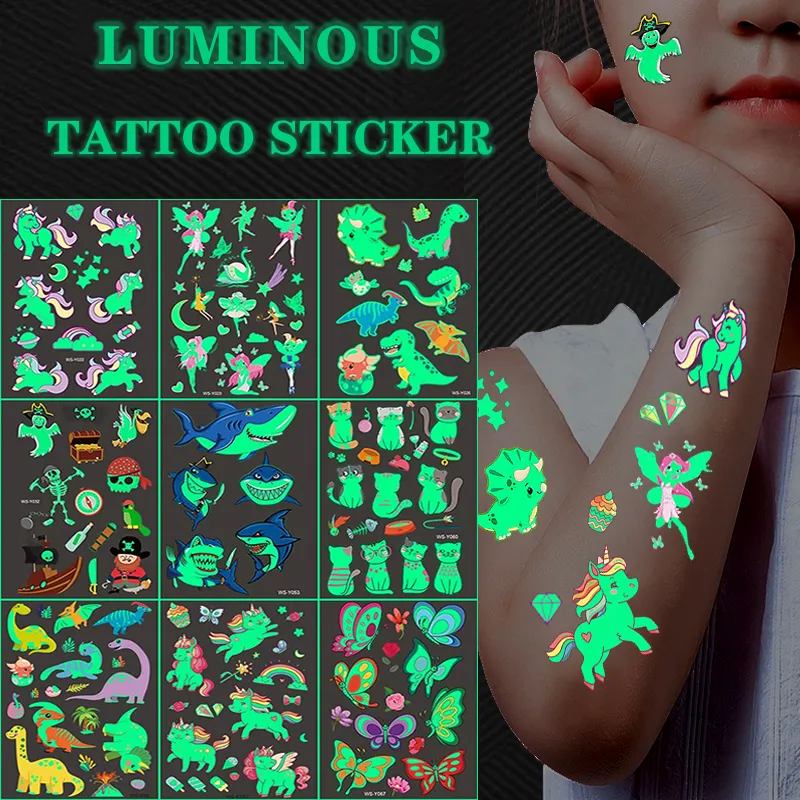 Tatuajes luminosos temporales para niños, pegatinas de sirena Licorne, tatuajes de Pokémon, unicornio, 5, 10 Uds./Set