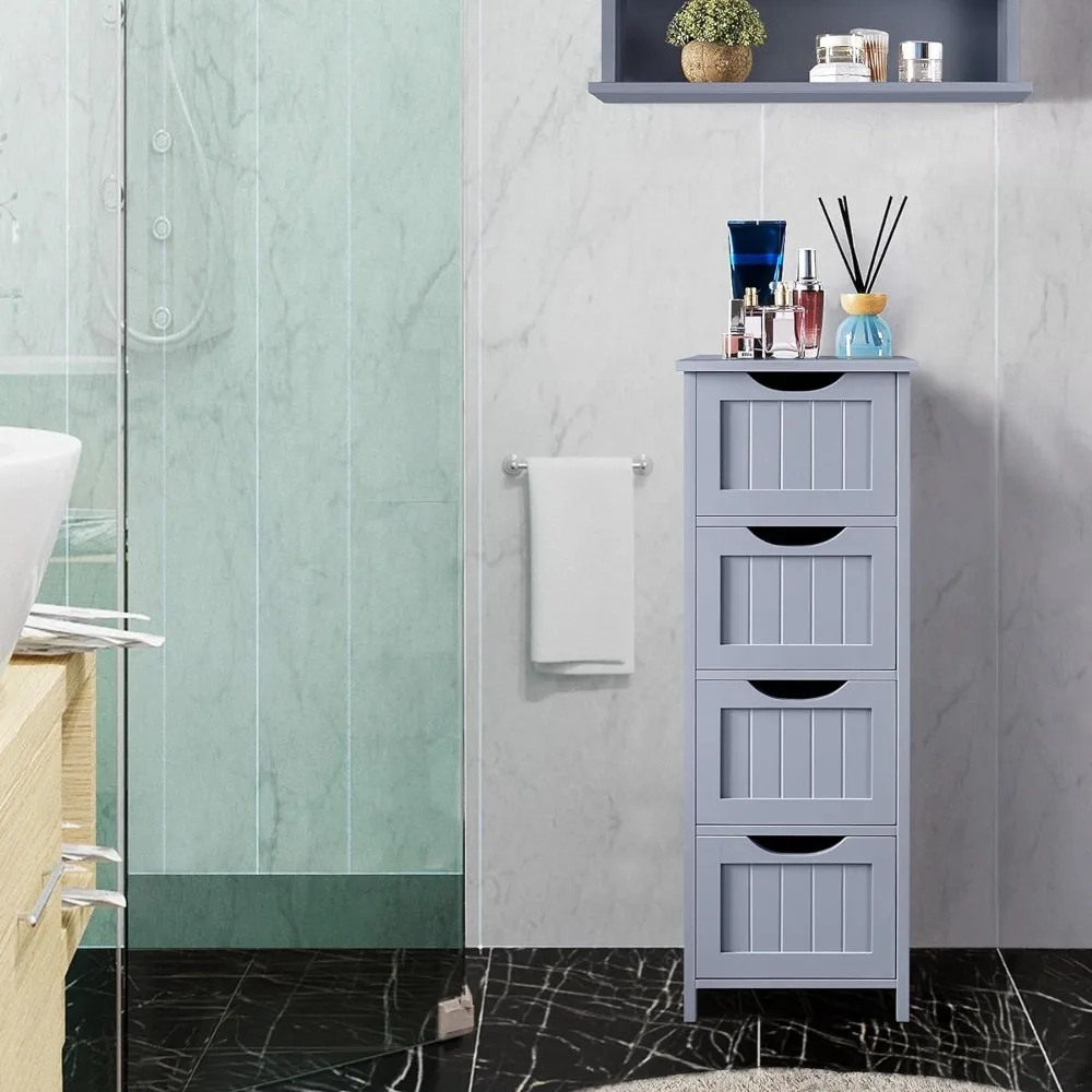 

Bathroom Floor Cabinet, Wooden Side Storage Organizer, 4 Drawers Free-Standing Cabinet for Bathroom/Hallway/Living Room, Gray
