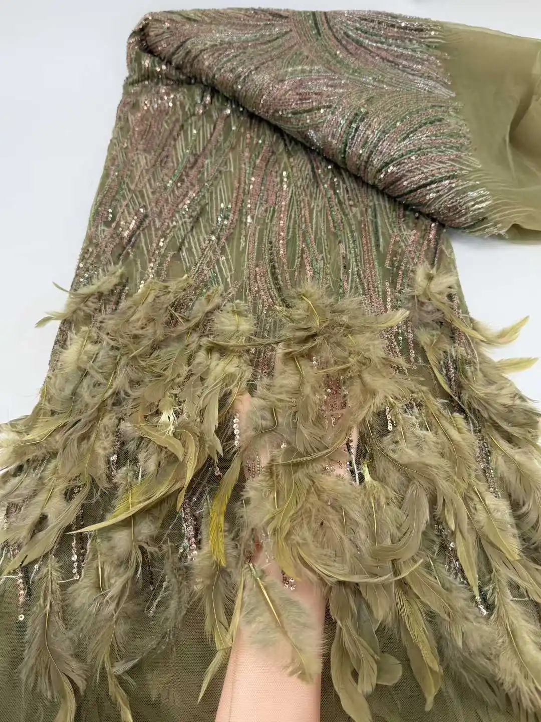 2025 High Quality African Lace Fabric Sequins Mesh Lace Luxury 3D Feather Embroidered Tulle Lace Fabric for Asoebi Sewing SZ1805