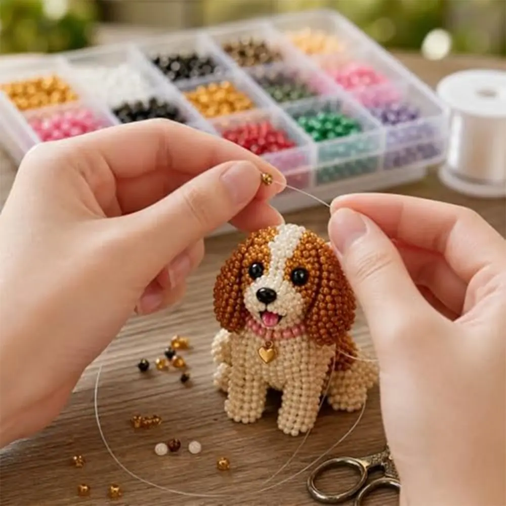 Handmade DIY Animal Bead Embroidery Kit Colorful Mini Beadwork Art Craft Set Dog Educational Animal Crafting Set Rainy Day
