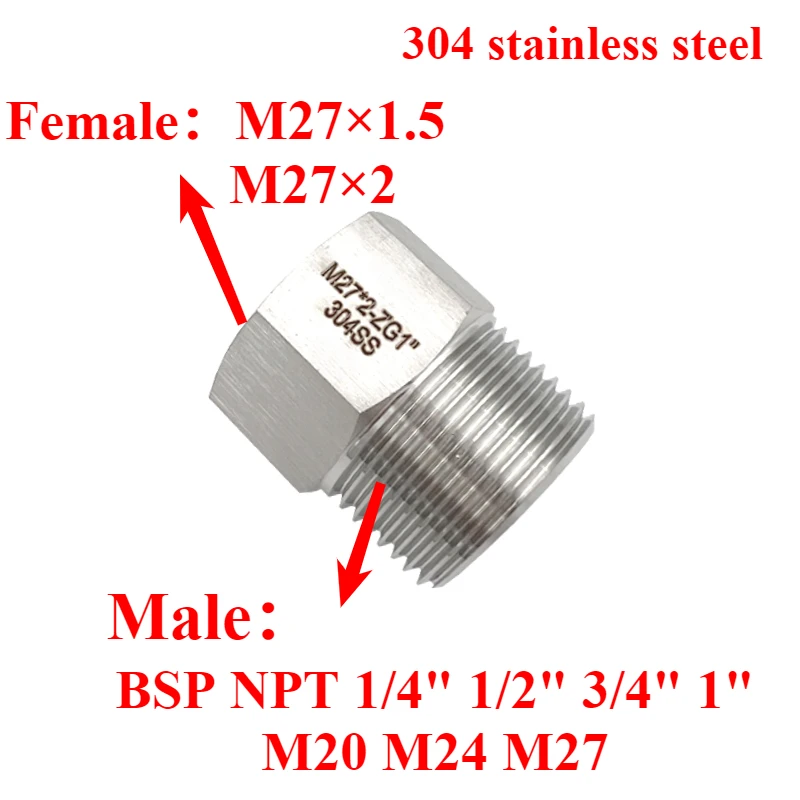 

M27 «мама-папа» M20-27 1/4 "1" 1/2 "-1" BSP NPT шестигранная втулка переходника из нержавеющей стали 304, фитинг высокого давления для манометра