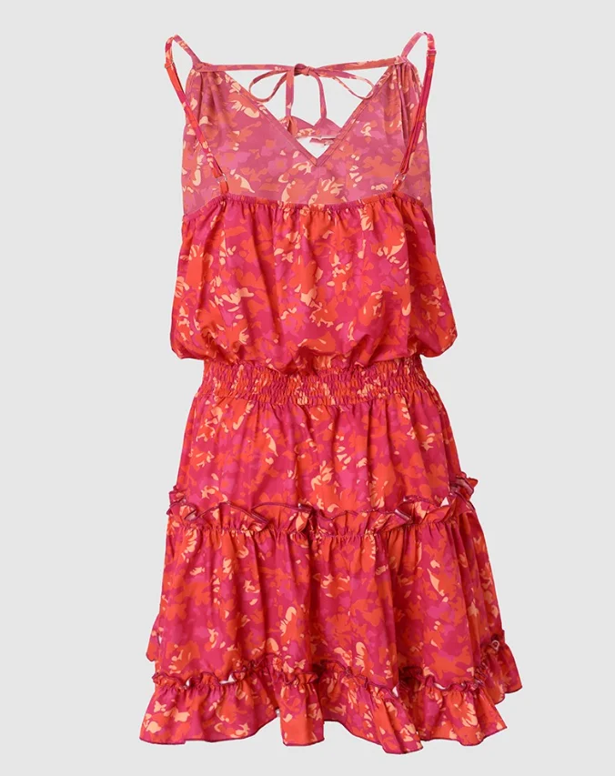 Vestido corto con estampado Floral para mujer, minivestido fruncido con dobladillo y volantes, cuello en V, falda con tirantes finos, primavera y verano, 2024