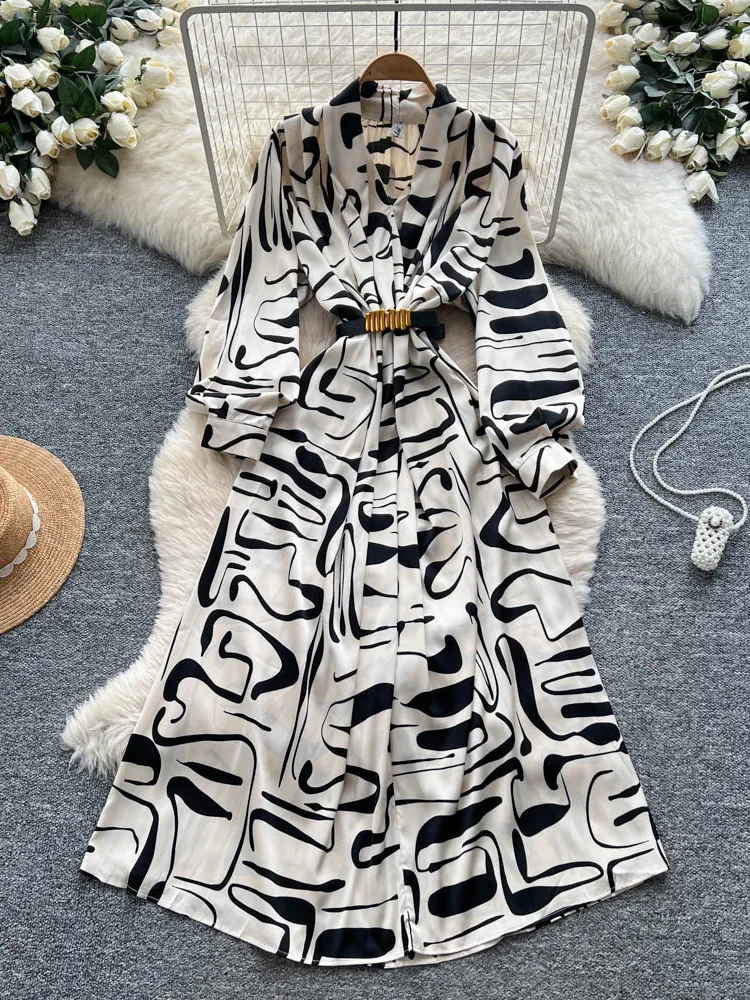 Ele V-ne Print Satin Long Dr Damen Herbst Winter Faion Gürtel Taille Hohe Taille A-Linie Dr Ci Pendeln