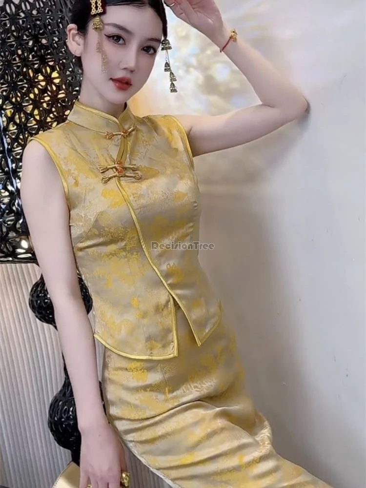 

Лето 2021, новый комплект Cheongsam в китайском стиле, женский атласный жаккардовый жилет без рукавов с воротником-стойкой, утягивающая длинная юбка, костюм Тан