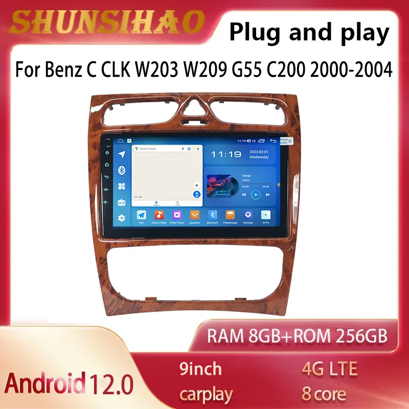 ShunSihao Car Radio For 9inch Benz C CLK W203 W209 G55 C200 2000-2004 Multimedia GPS Navi Carplay Android 12 256G