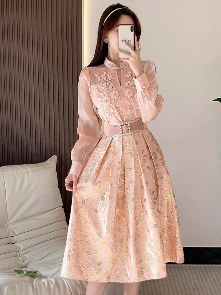 

Elegant Pearls Beading Pink Blouse Shirt + Belt Floral Jacquard Midi Skirt Suits OL Embroidery Flower 2 Piece Set Women Outfits