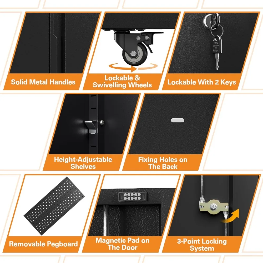 二重扉のスチール製工具収納キャビネット（調節可能な棚と施錠機能付き）