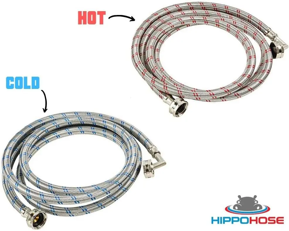 خراطيم غسالة من الفولاذ المقاوم للصدأ المجدول بطول 16 قدمًا مع وصلة 90 درجة °   وصلة كوع، متوافقة عالميًا، مقاومة للانفجار - عبوة من قطعتين