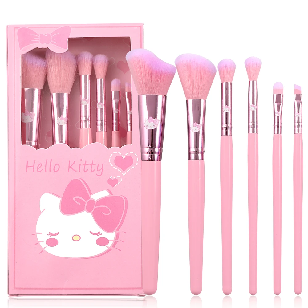 Sanrio Pink Cartoon Makeup Brush, Cute Hello Kitty, Soft Fiber Wood, Eye Shadow Brush, Suitable for Girls, Makeup Tools, 6Pcs