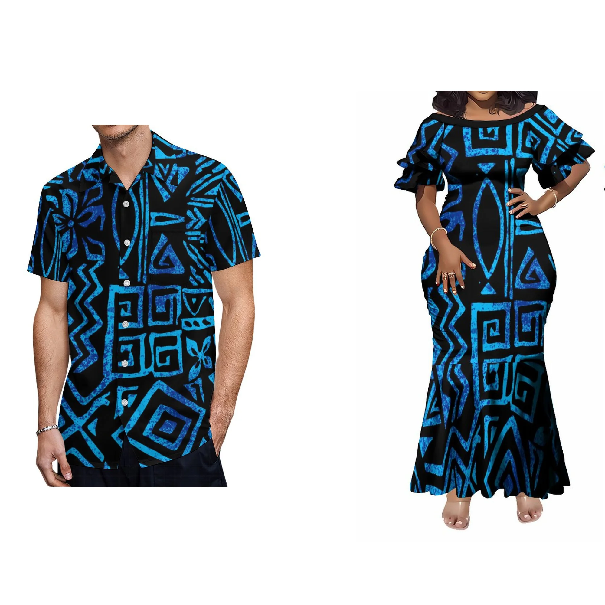 New Design Customized Polynesian Tribal Double Layered Ruffle Sleeve Fishtail Party Dress Plus Size Women Elegant Mermaid Dress