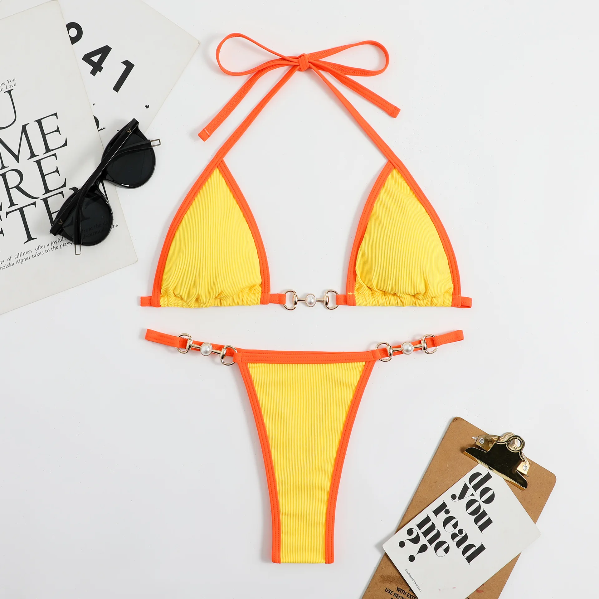 Pit striped fabric split bikini 2024 new multi-color gold accessories nylon edging women's triangle swimsuit