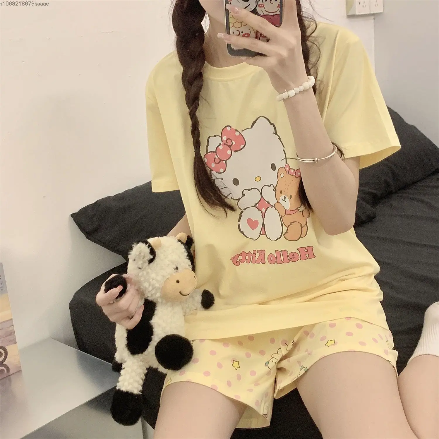 Sanrio Hello Kitty Cotton Home Clothes Cute Women Short Sleeve T-shirts Loose Shorts Summer Pajamas 2 Piece Set Y2k Sleepwear