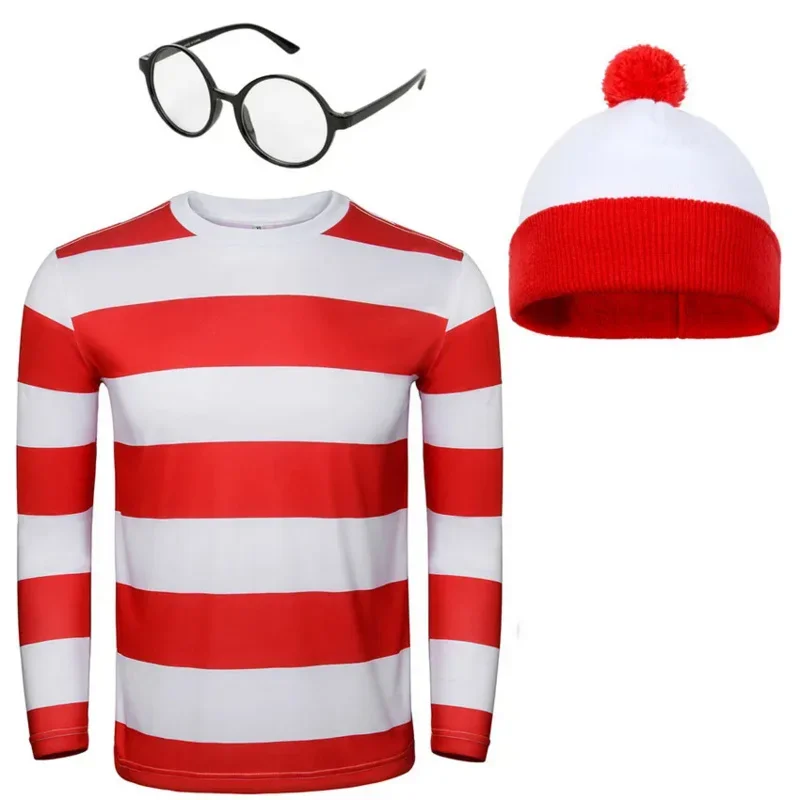 

Whers Wally Costume Red Stripe Shirt Hat Glasses Full Sets Christmas Party Adult Kid Cosplay Clothing