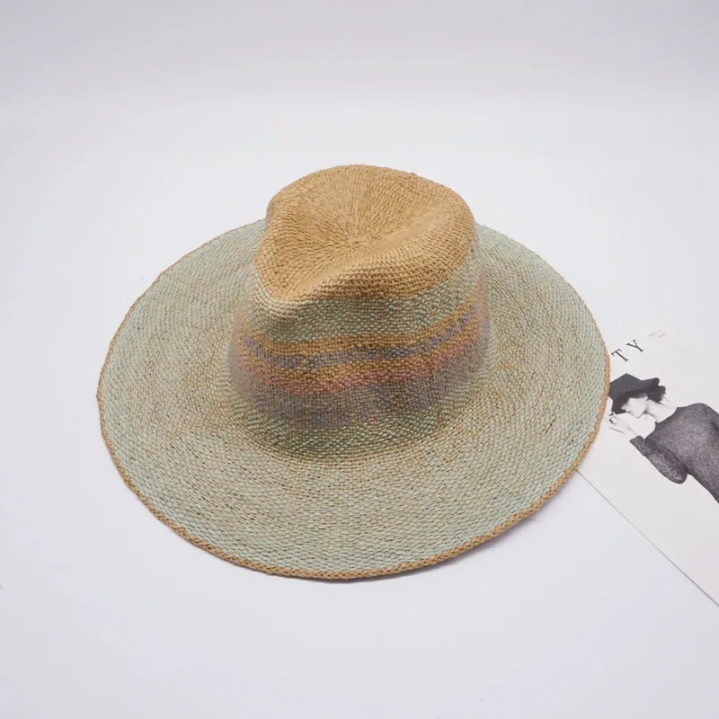

01909-2508751 summer Korea Orders mint green Handmade paper straw fedoras cap men women leisure panama hat