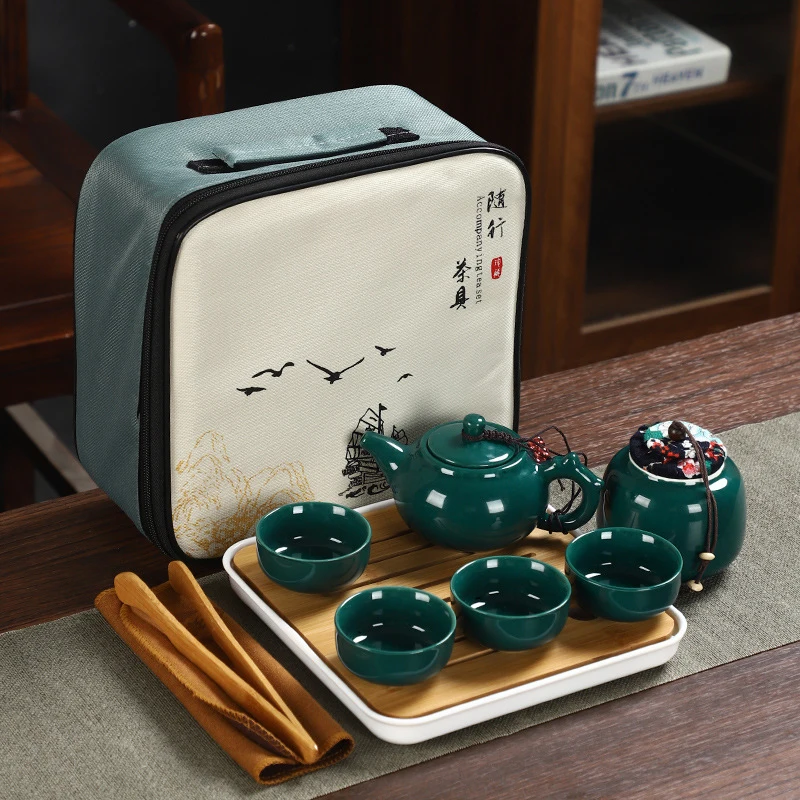 Portable Travel Kung Fu Tea Set Ceramic 1 Teapot 4 Cups Tea Caddy Tea Tray With Carry Bag For Outdoor Camping Home Office Use