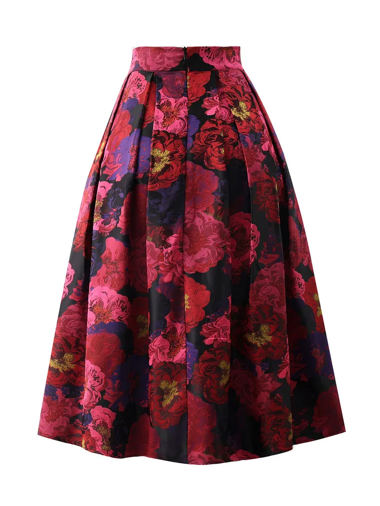 High Quality Hepburn Style Elegant Lady Ball Gown Skirt New Spring Autumn High Waist Vintage Printed Mid-length A-line Skirts