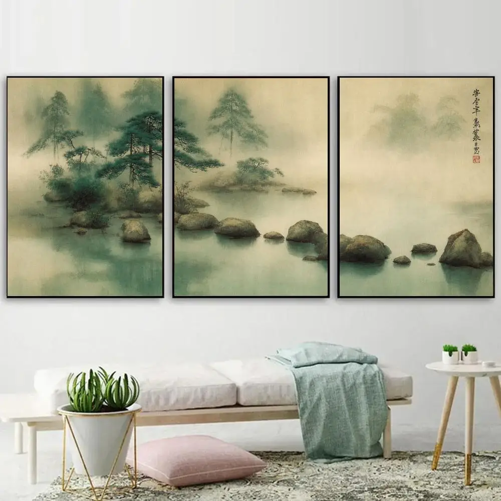 Chinese Ink Misty Pine Lake Painting Calligraphy 3 PCS Canvas Poster Set Wall Art Painting for Bedroom Living Room Home Decor