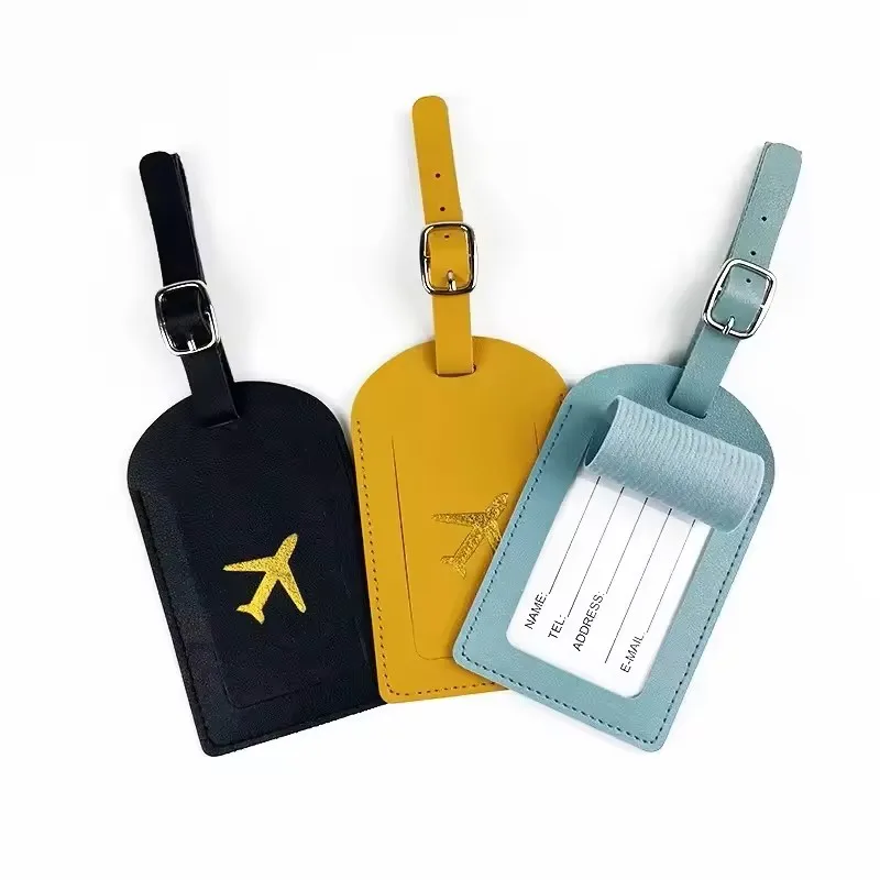 PU Leather Luggage Tag Airplane Gold Foil Pattern Suitcase Identifier with Signature Card Portable Travel Baggage Label for Bags