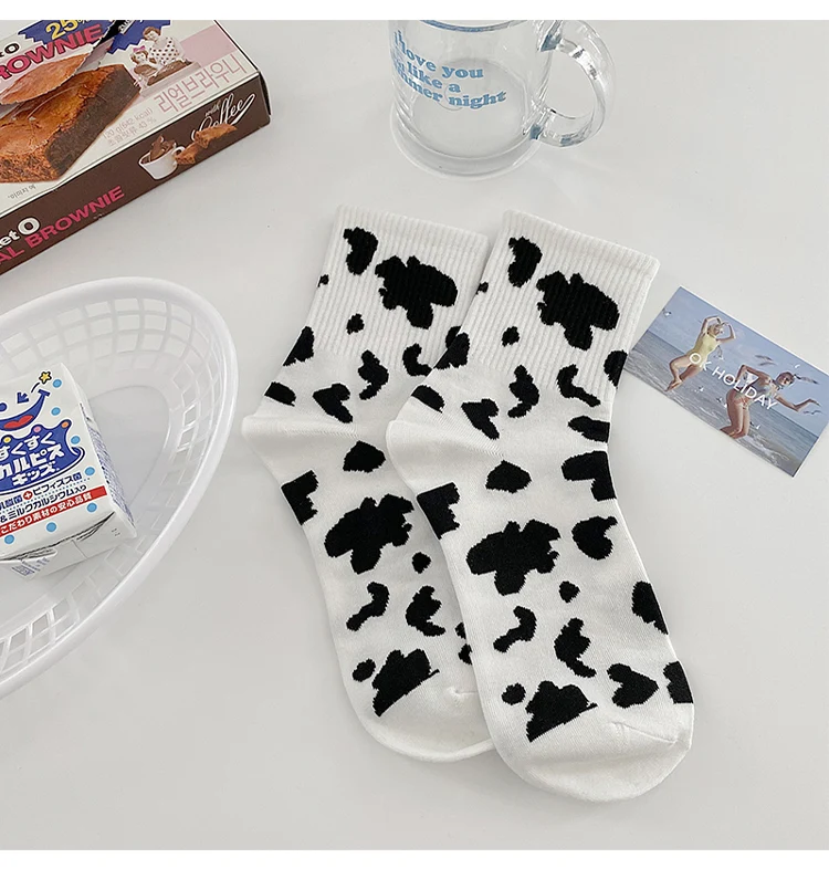 Striped Socks Funny Cow Print White Cartoon Calcetines Cozy Harajuku Skarpetki Damskie Cute Animal Chaussettes Kawaii Happy Sock